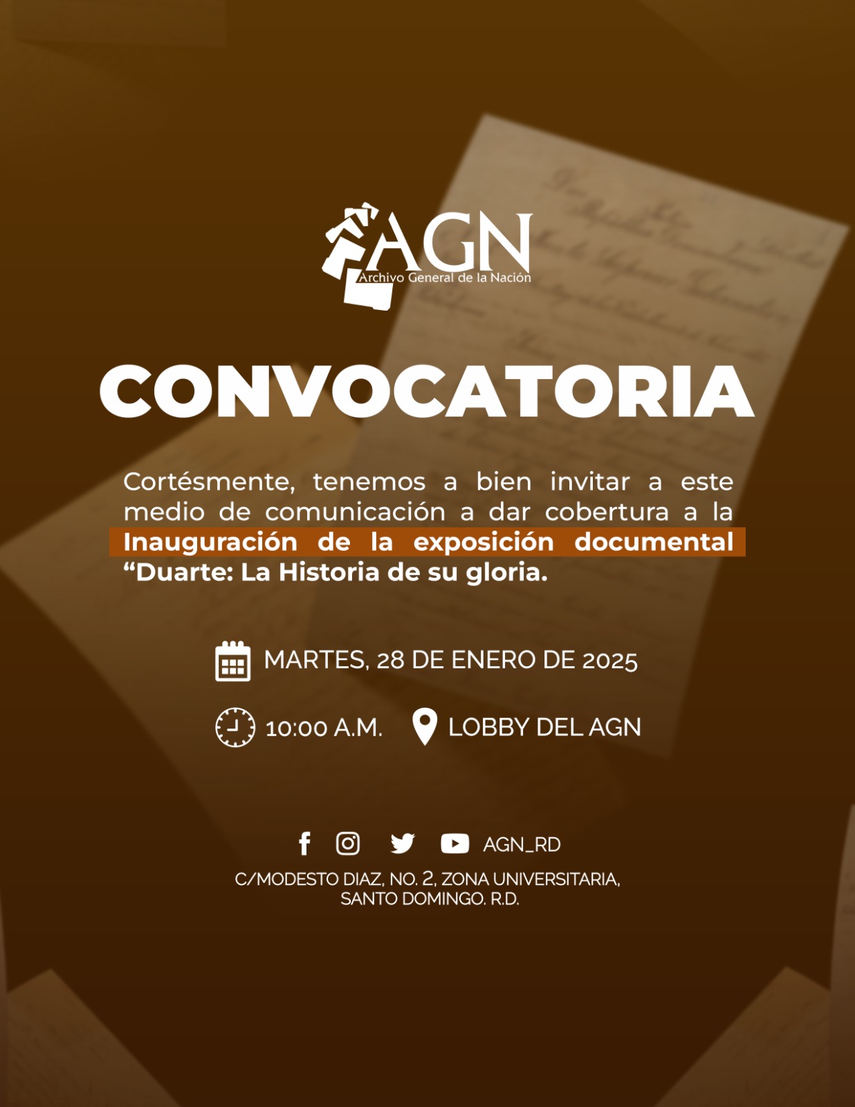 El AGN y el Instituto Duartiano inaugurarán exposición documental en honor al natalicio de Juan Pablo Duarte