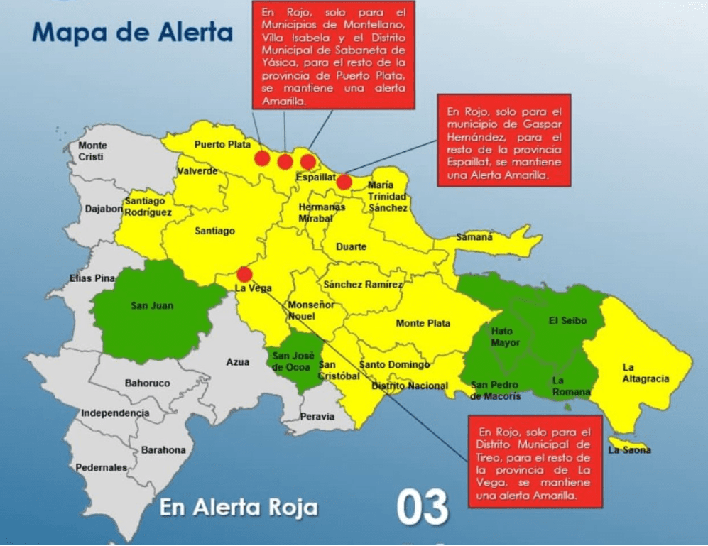 COE eleva a tres municipios en alerta roja, coloca 13 provincias en amarilla y mantiene seis en verde por vaguada