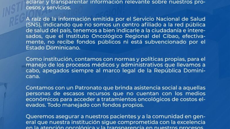 Instituto Oncológico Regional Cibao aclara no pertenece a la red pública de servicios de salud