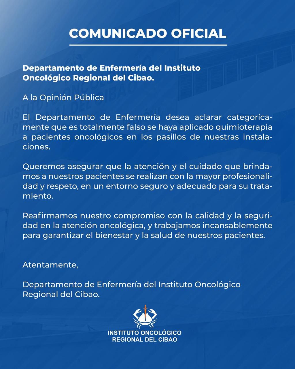 Departamento de Enfermería del Instituto Oncológico Regional del Cibao emite Comunicado Oficial 