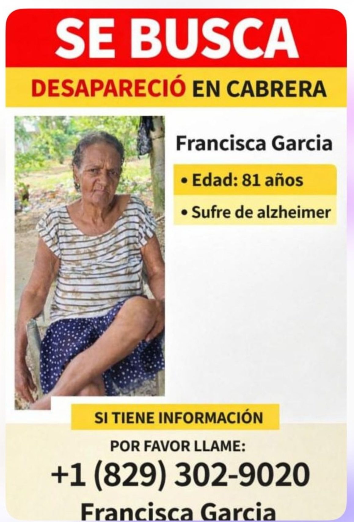 Desaparece mujer de 81 años con alzhéimer en Nagua