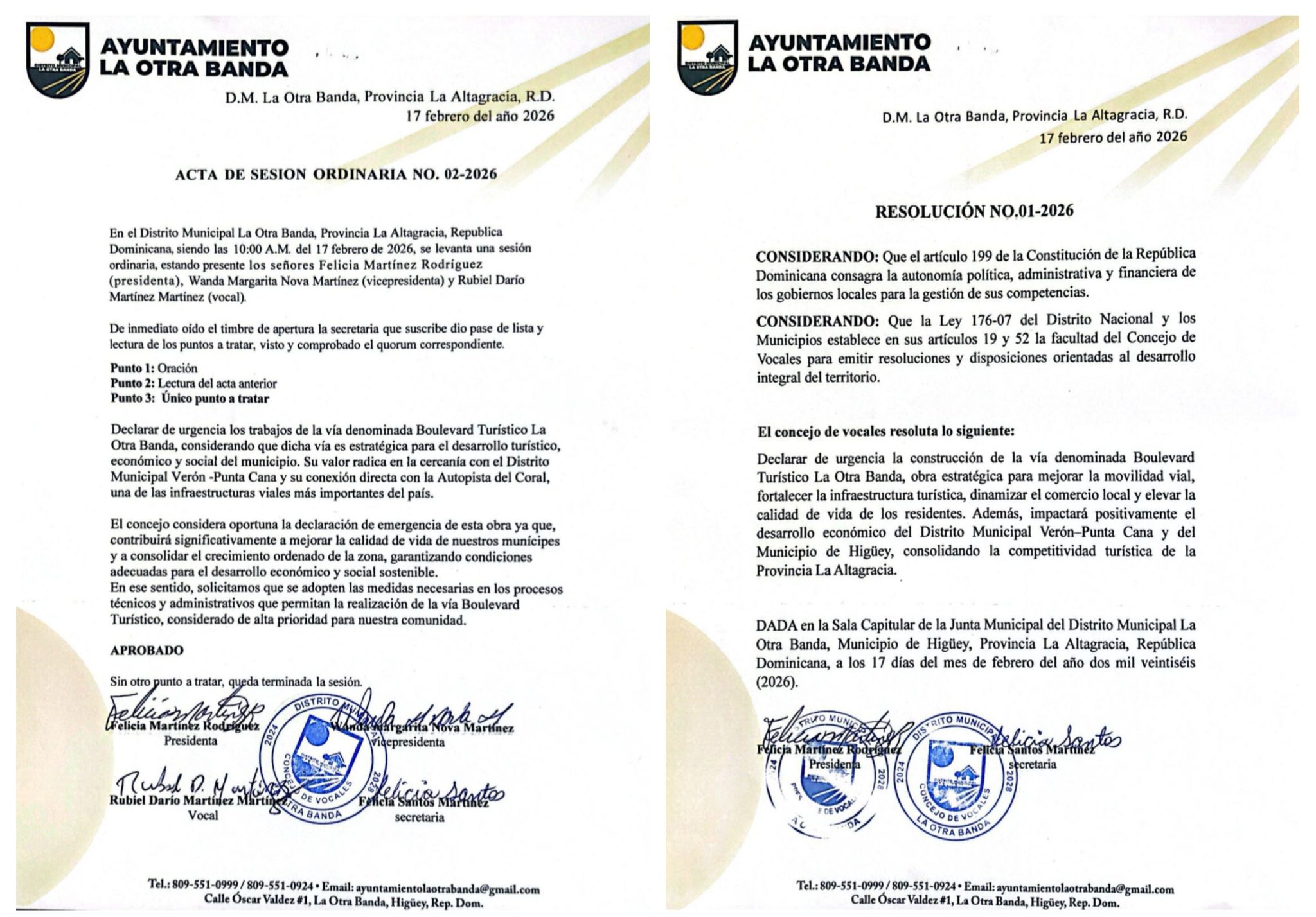 Concejo de Regidores declara de urgencia construcción del Boulevard Turístico La Otra Banda mediante Resolución No. 1-2026