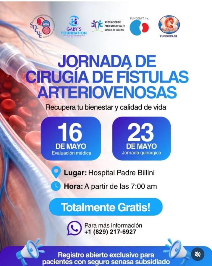 Hospital Padre Billini y diversas fundaciones anuncian jornada gratuita de cirugías de fístulas para pacientes renales